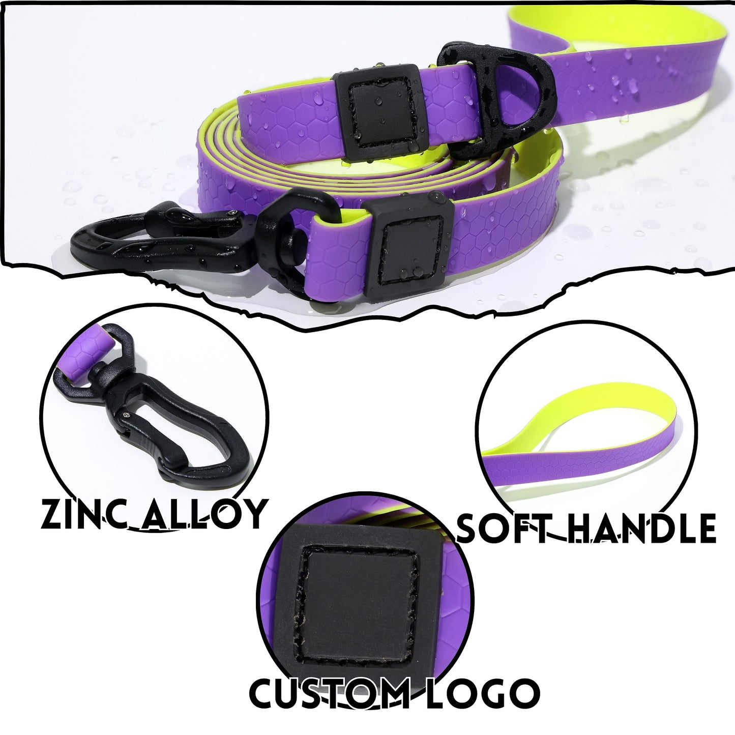 Dog leash purple yellow color – honeycomb grip anti-slip waterproof leash