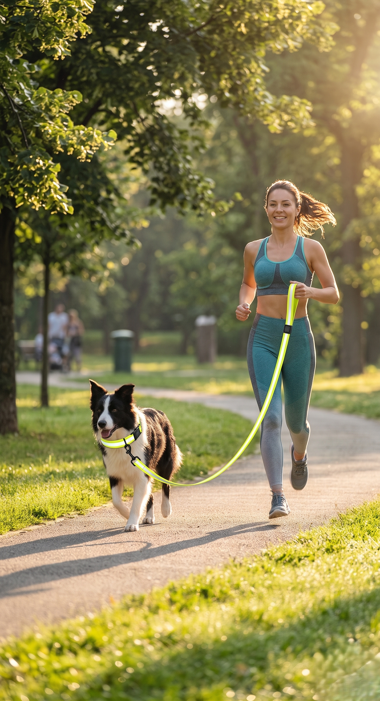 Woman running in park with Border Collie on yellow reflective leash – morning lifestyle GianfiStore
