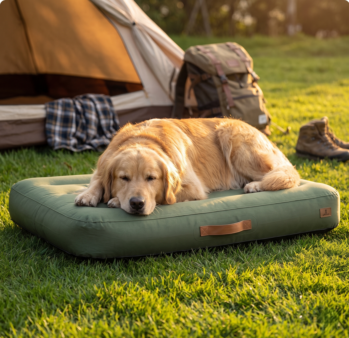 Golden Retriever sleeping on GianfiStore inflatable waterproof dog bed at campsite – outdoor travel comfort for dogs
