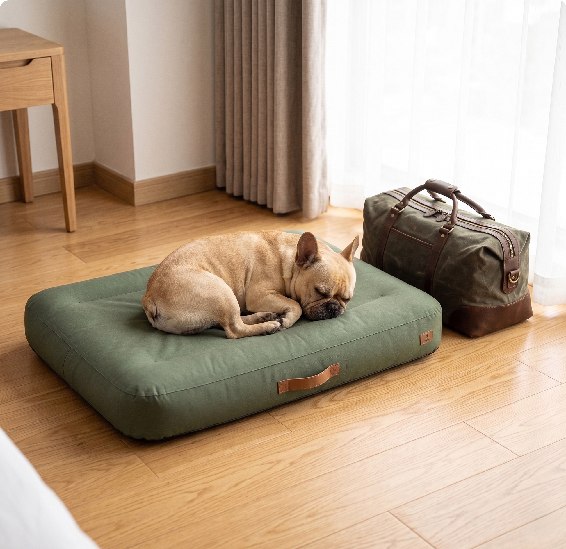 French Bulldog curled up on GianfiStore inflatable dog bed in hotel room – lightweight travel pet bed for indoor and outdoor use
