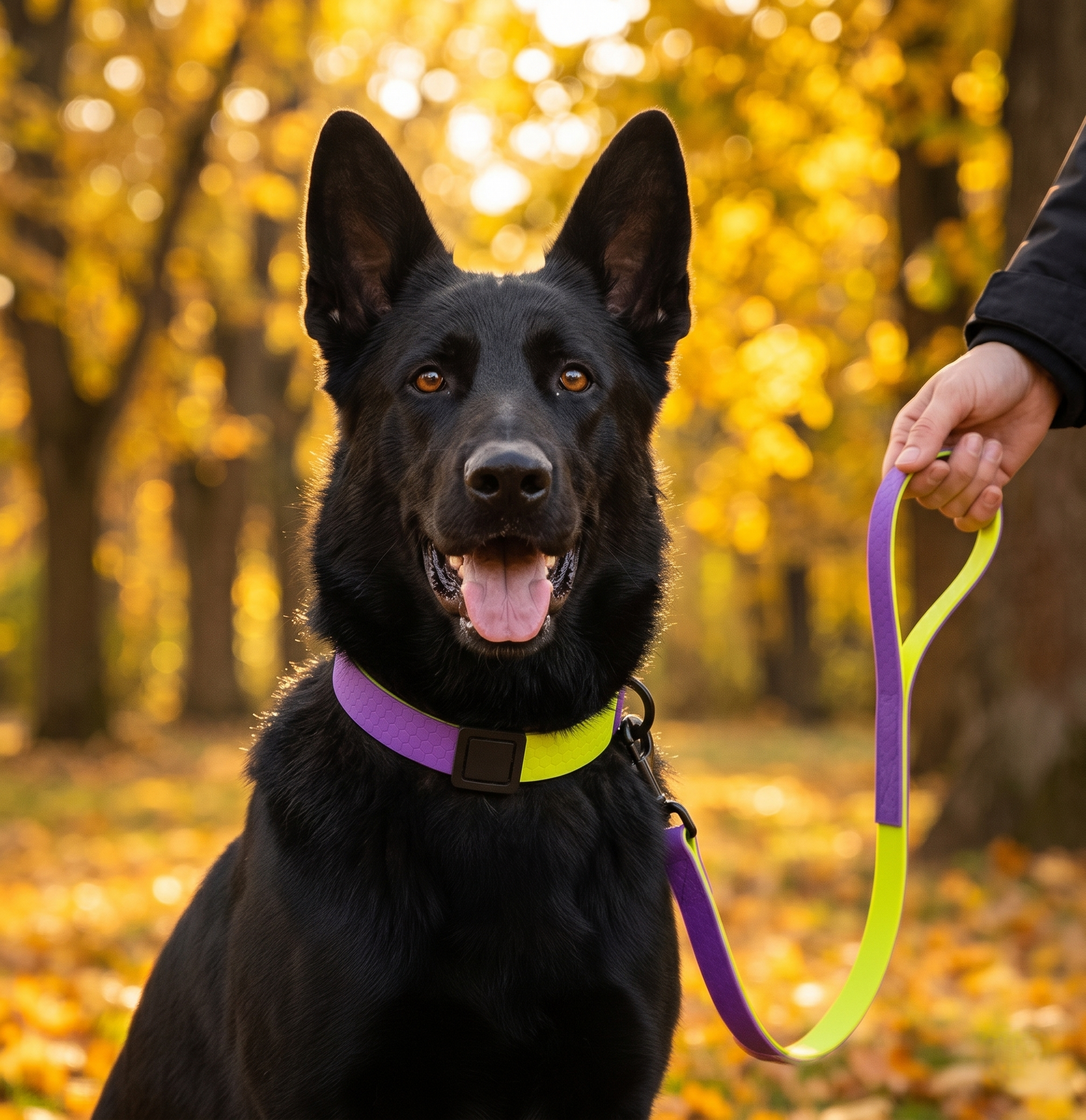 GianfiStore Honeycomb Dog Leash & Collar Set – black German Shepherd in autumn park, purple and lime bicolor waterproof set