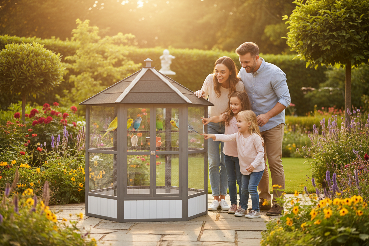 Happy family admiring colorful birds inside a 69-inch hexagonal wooden outdoor aviary in a sunny backyard garden