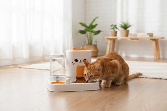 Orange tabby cat eating from a 2-in-1 automatic cat face pet feeder and water dispenser with orange accents