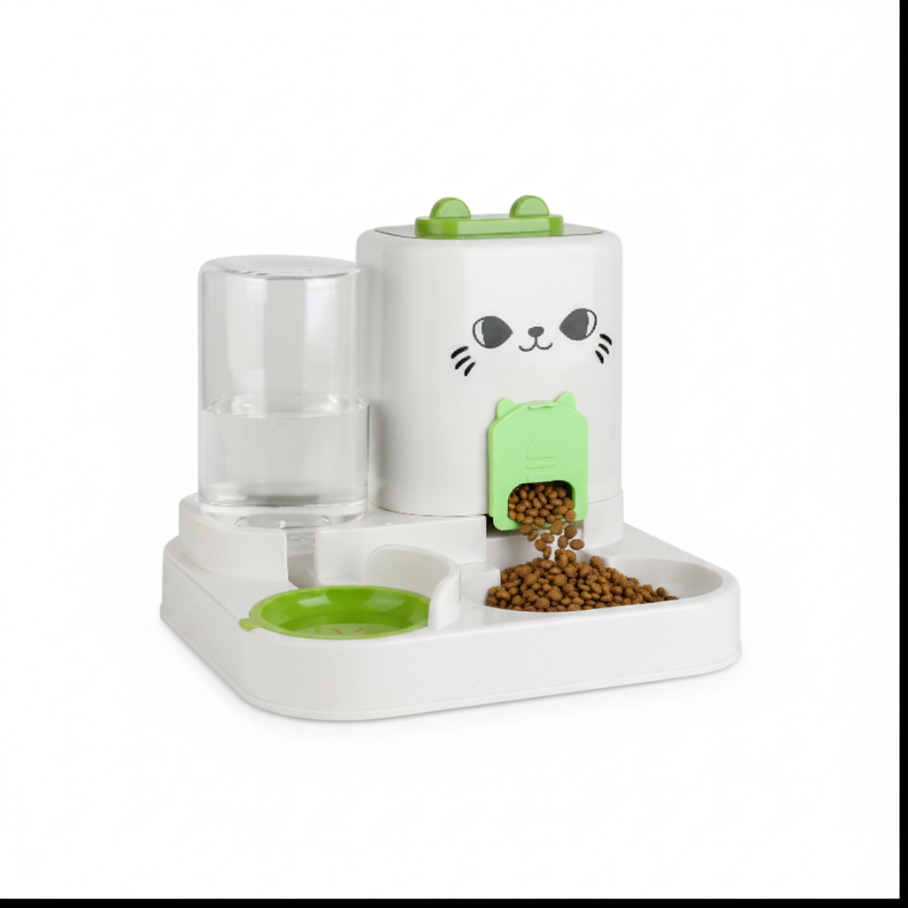 2-in-1 automatic cat face pet feeder and water dispenser in fresh green on white background