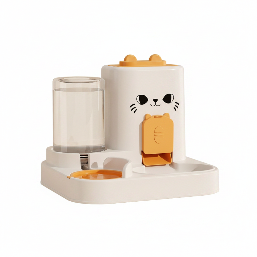 2-in-1 automatic cat face pet feeder and water dispenser in orange on white background