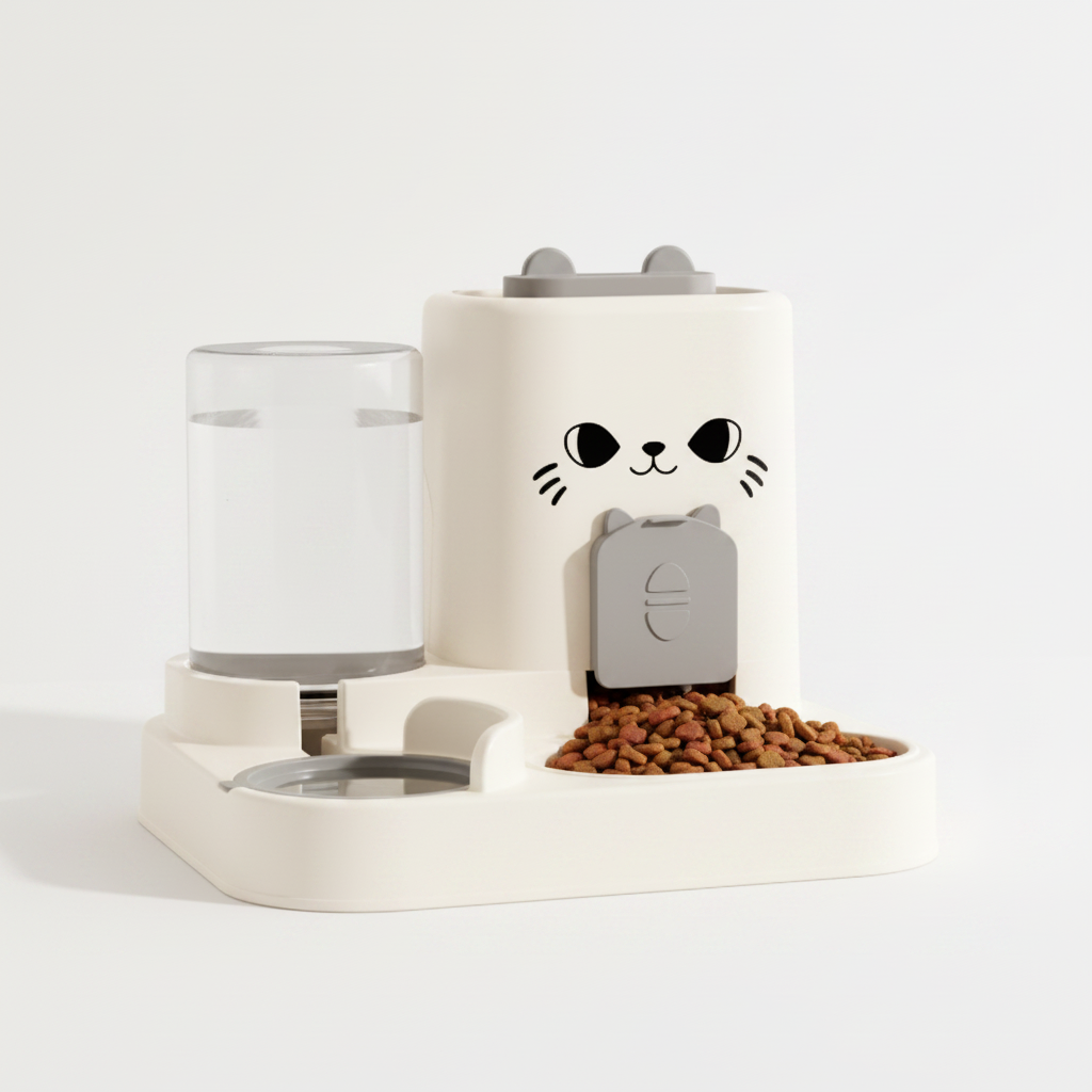 2-in-1 automatic cat face pet feeder and water dispenser in white and gray on white background