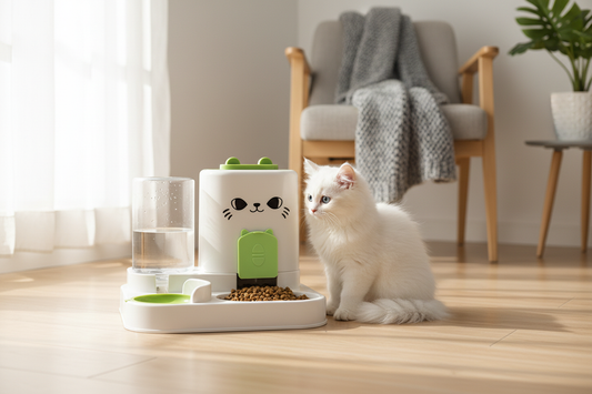 Fluffy white cat sitting next to a 2-in-1 automatic cat face pet feeder and water dispenser in a cozy modern home