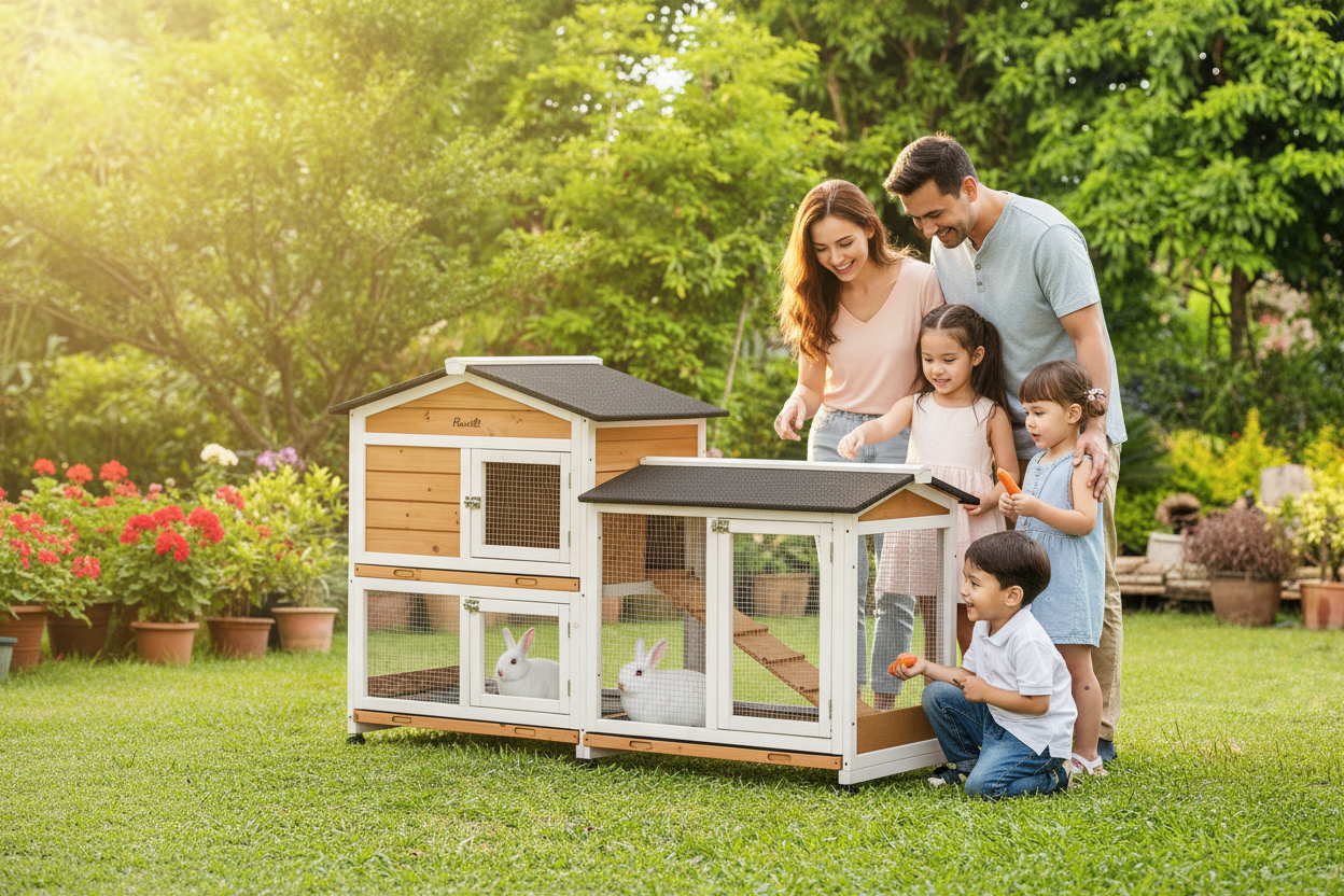 Family with children admiring a 62-inch two-story wooden rabbit hutch with natural wood finish and white trim in a sunny backyard garden