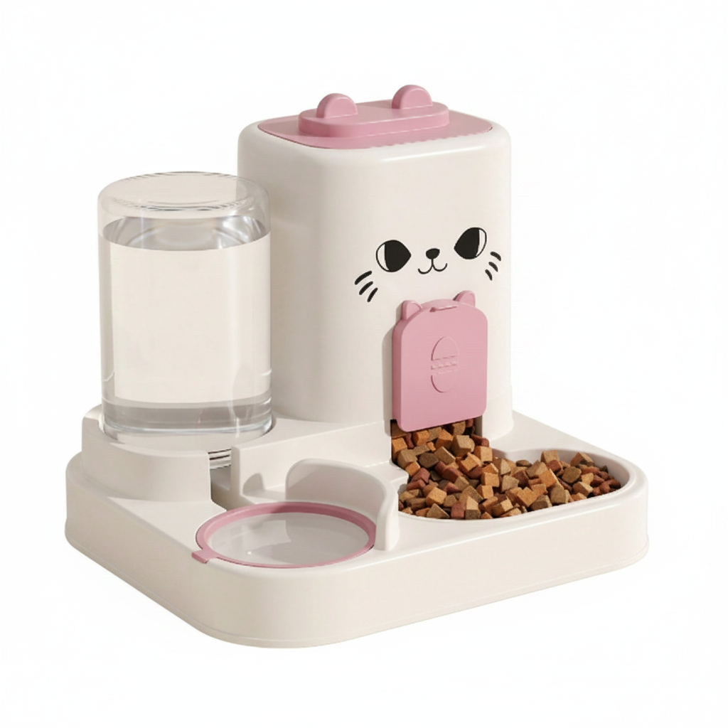 2-in-1 automatic cat face pet feeder and water dispenser in pink on white background
