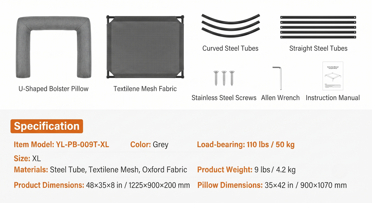 Elevated dog bed XL - specifications and what's in the box infographic