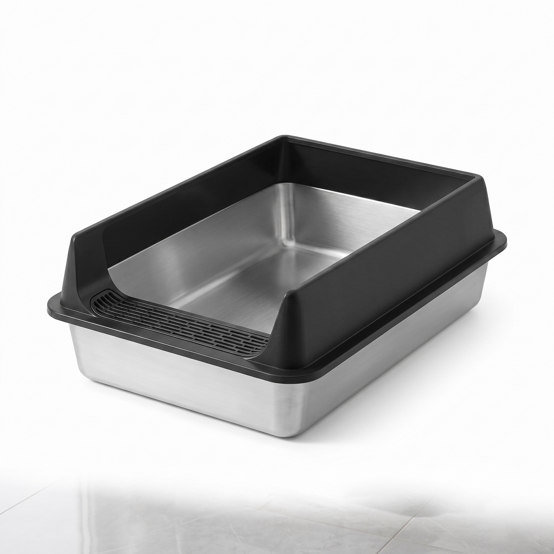 Stainless steel cat litter box with black rim – clean studio shot showing scratch-resistant non-stick interior, size L, Black variant

