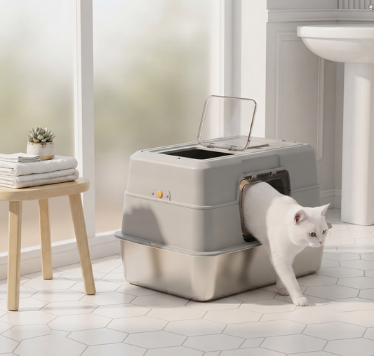 Fully enclosed stainless steel cat litter box in white — white cat walking out of front entry — bright Scandinavian bathroom with hexagon tiles and wooden stool