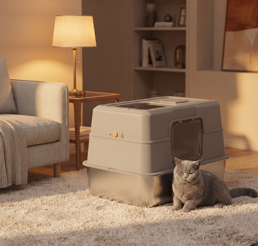 Fully enclosed stainless steel cat litter box gray — fluffy gray cat sitting beside it — cozy upscale living room with warm lamp light and light gray sofa