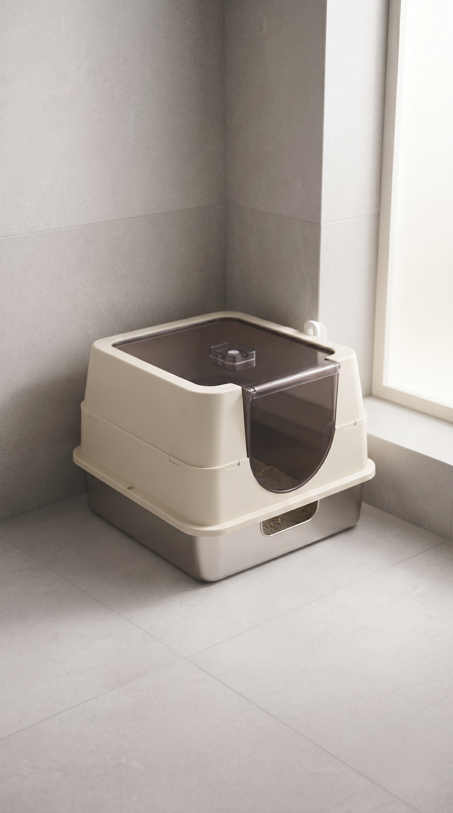 Enclosed cat litter box with transparent lid placed in corner near window