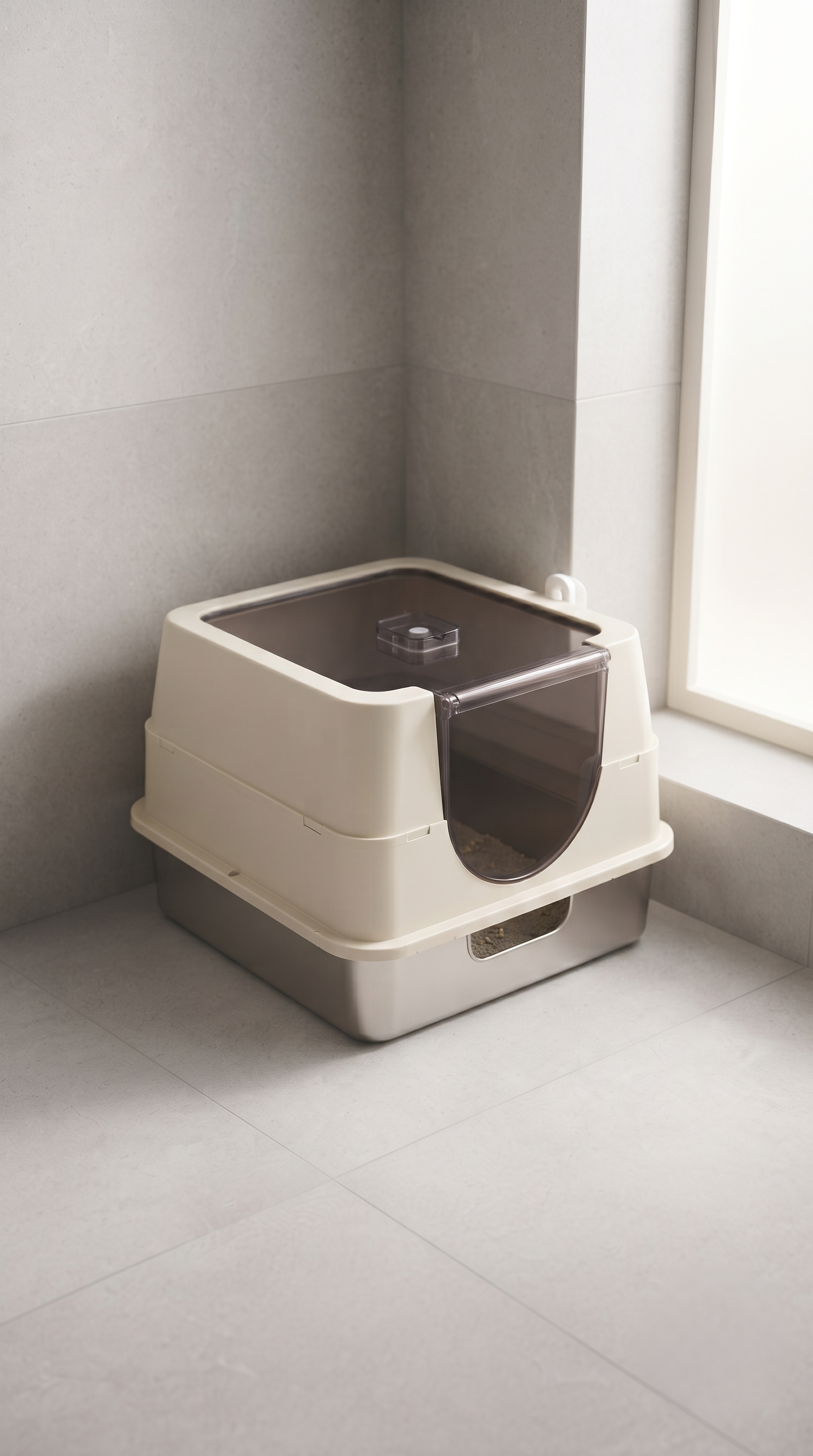 Enclosed cat litter box with transparent lid placed in corner near window