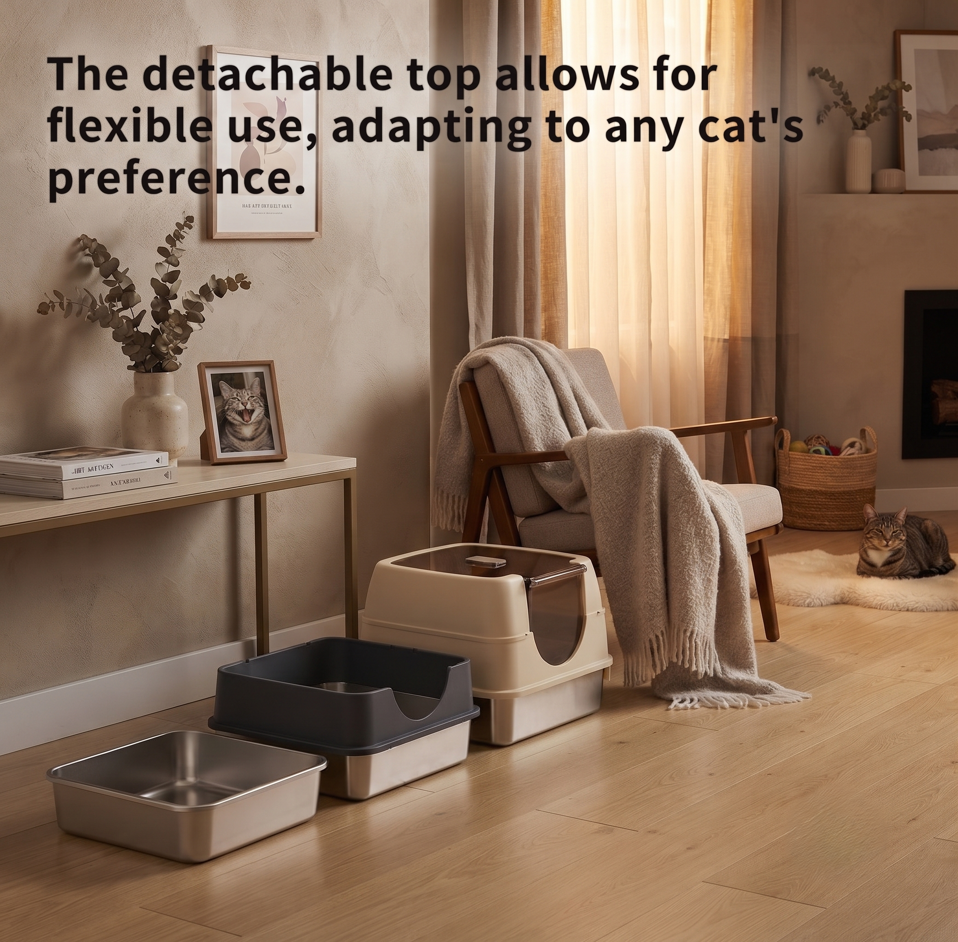 Detachable top cat litter box shown open and closed in cozy living room setting