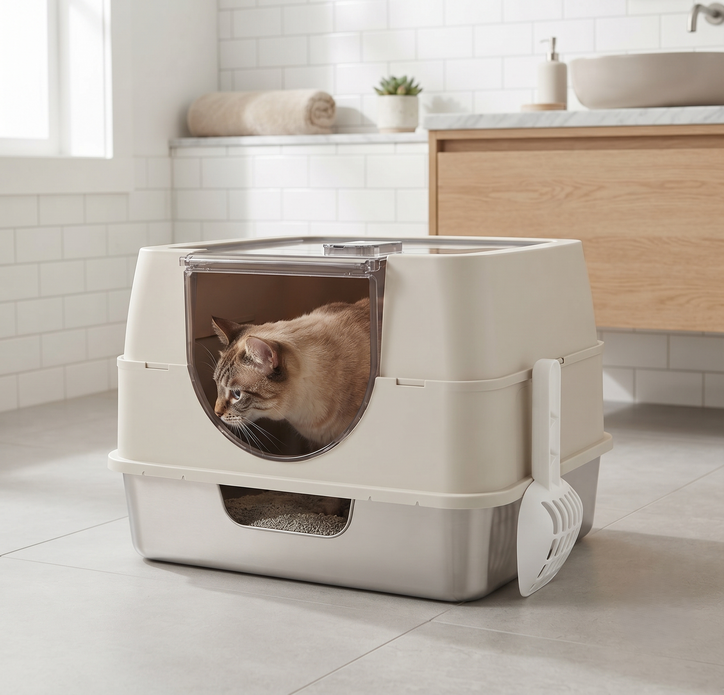 Cat inside enclosed stainless steel litter box with transparent front door in modern bathroom