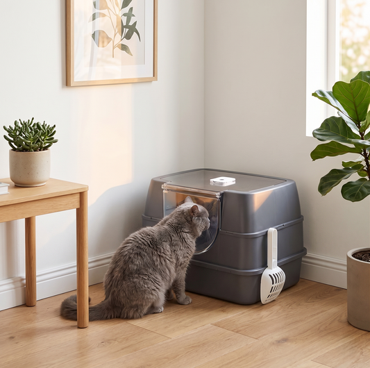 Gray British Shorthair cat sitting in front of a gray enclosed cat litter box with transparent cover and litter scoop in a modern Scandinavian living room