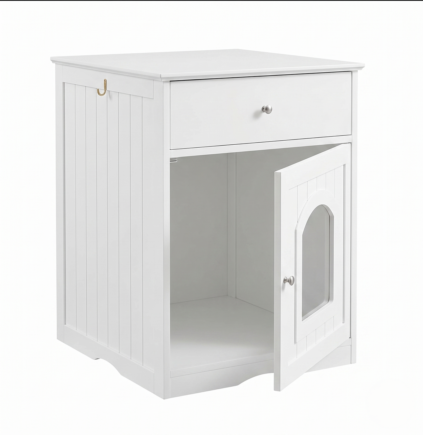 Hidden cat litter box enclosure – white wooden end table with open door showing interior space