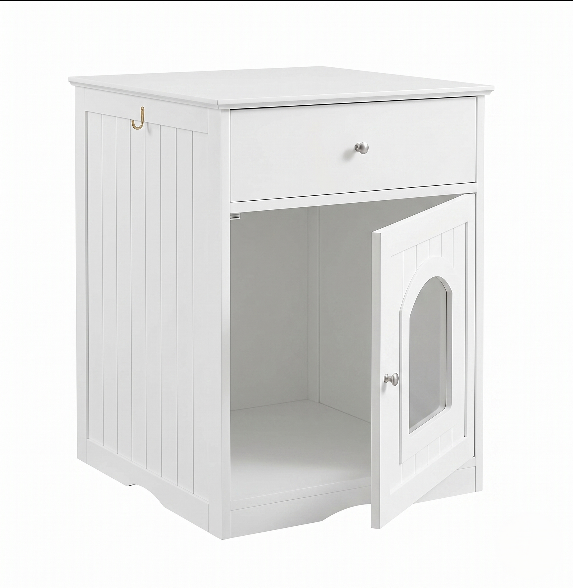 Hidden cat litter box enclosure – white wooden end table with open door showing interior space