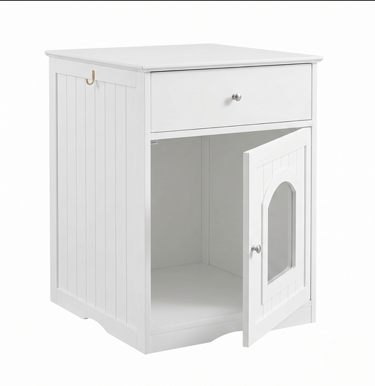 Hidden cat litter box enclosure – white wooden end table with open door showing interior space