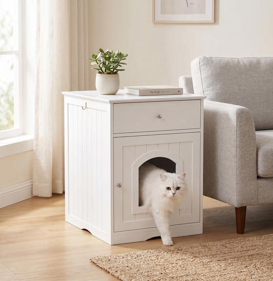 White fluffy cat exiting hidden litter box enclosure end table in Scandinavian living room – GianfiStore