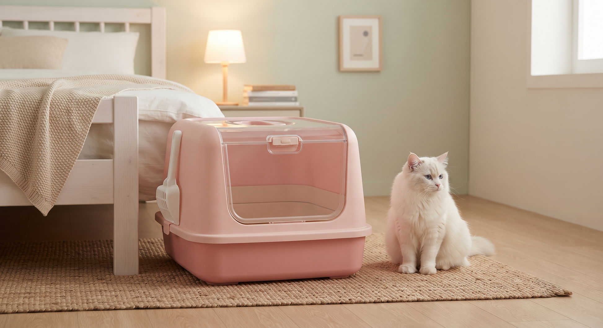 Pink enclosed cat litter box with transparent top cover — white fluffy cat sitting beside — cozy minimalist bedroom with warm lamp light and white bed frame