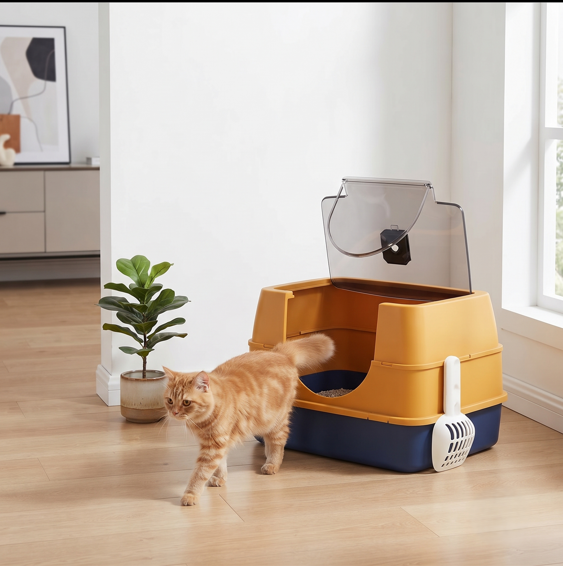 Orange enclosed cat litter box with transparent flip lid and litter scoop — fluffy ginger cat walking out — modern living room with wood floors and indoor plant