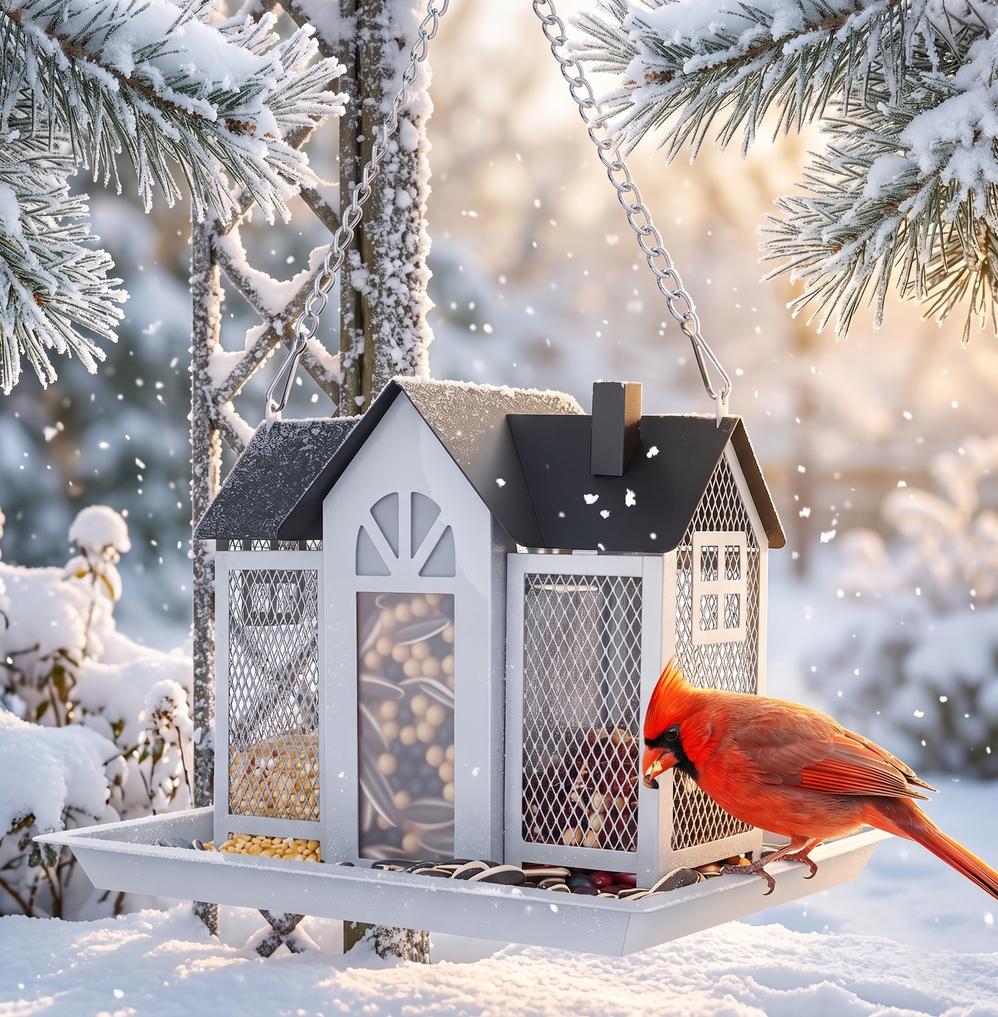 GianfiStore™ Classic Barn Metal Bird Feeder — Hanging Outdoor Feeder with Visible Window & Lift-Top Lid