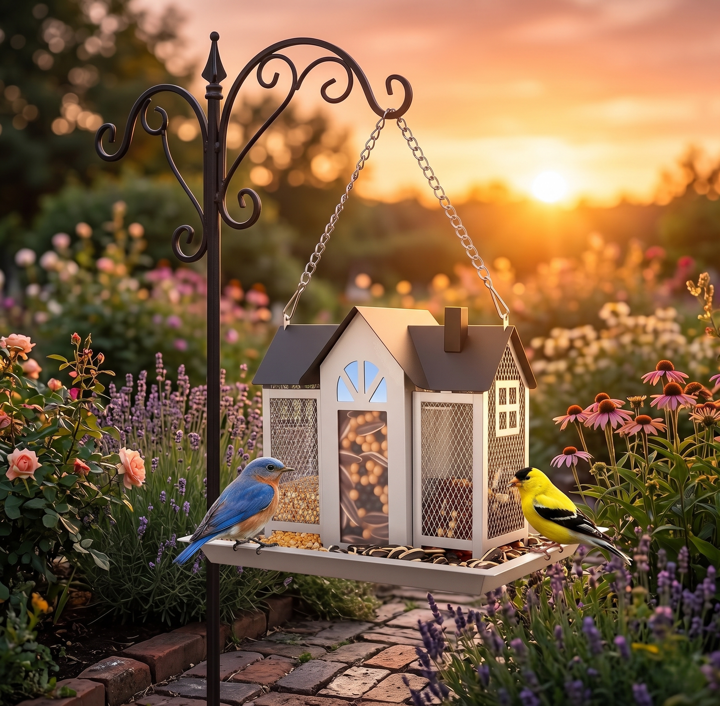 GianfiStore™ Classic Barn Metal Bird Feeder — Hanging Outdoor Feeder with Visible Window & Lift-Top Lid