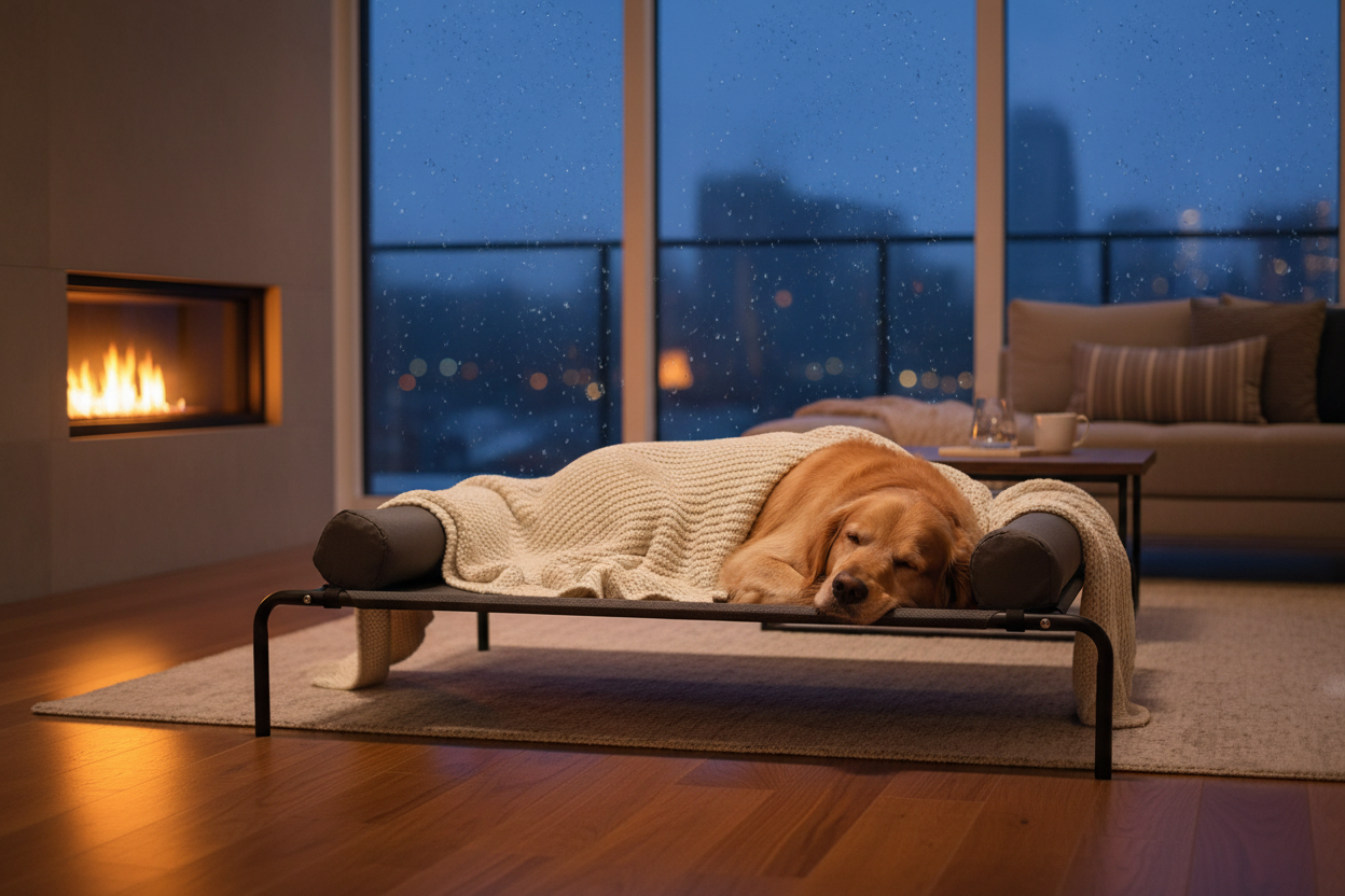 Elevated dog bed XL - winter cozy living room fireplace