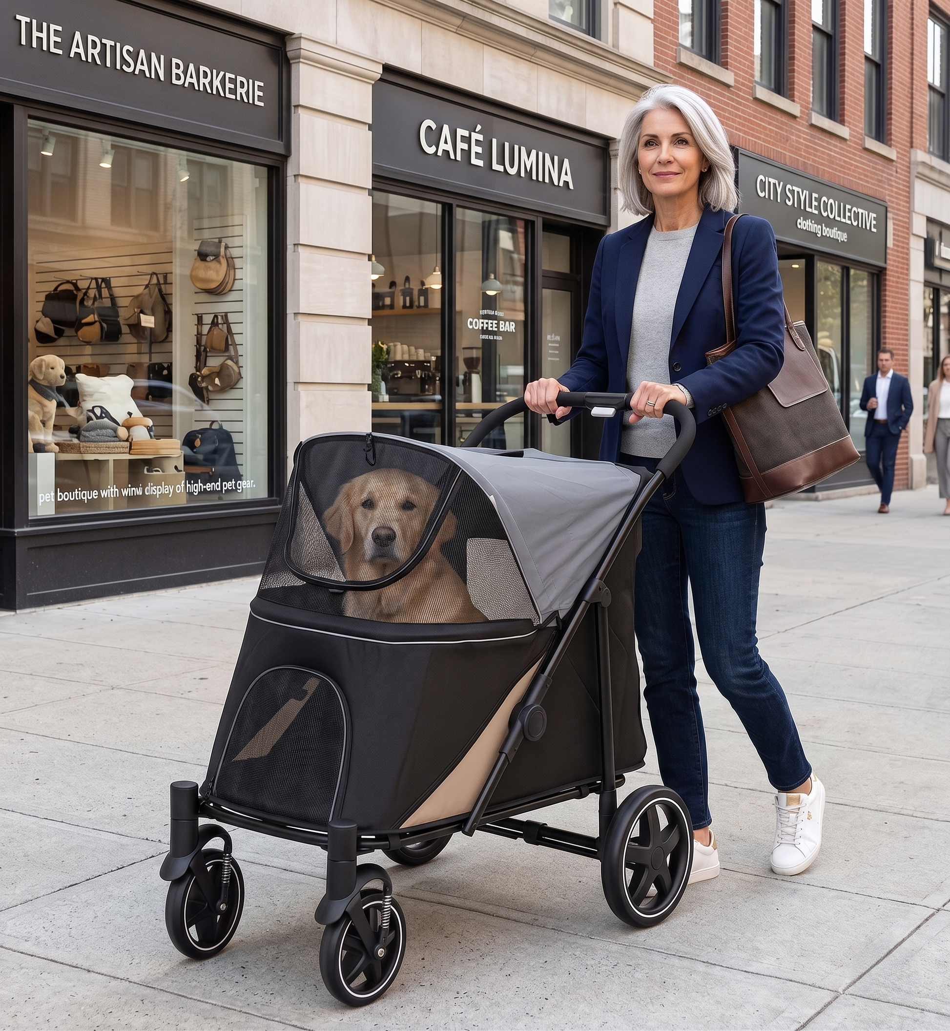 Elegant woman in her 50s with silver hair pushing a gray foldable dog stroller on an urban American sidewalk past boutique storefronts — Labrador inside, city lifestyle