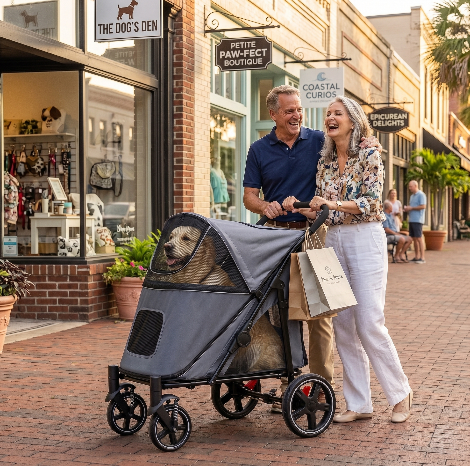 Happy couple in their 50s pushing a gray heavy-duty dog stroller past pet boutiques on a sunny American shopping street — Golden Retriever peeking out from mesh window

