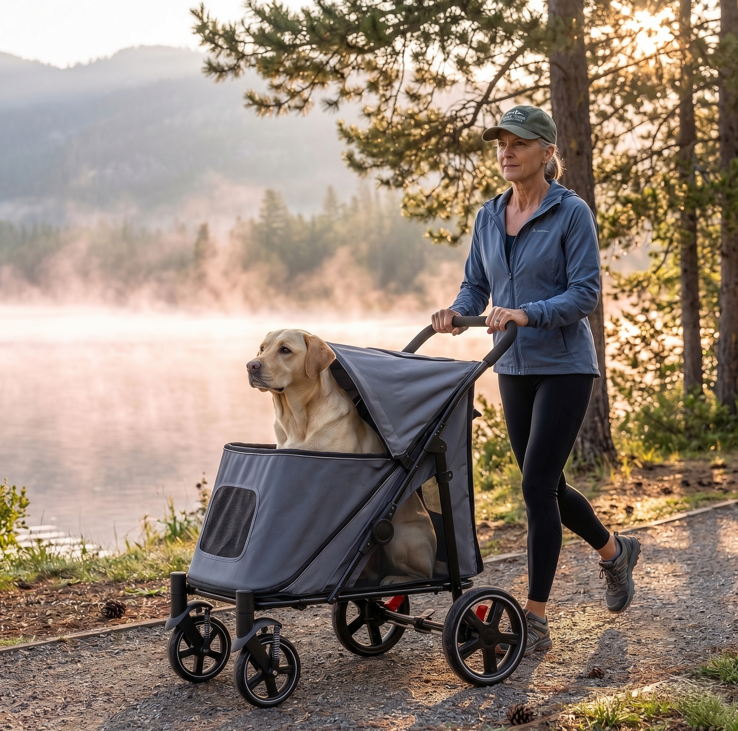 Fit woman jogging with a gray heavy-duty pet stroller on a scenic lakeside trail at sunrise in a national park — Labrador inside, misty mountain lake in background, cinematic light