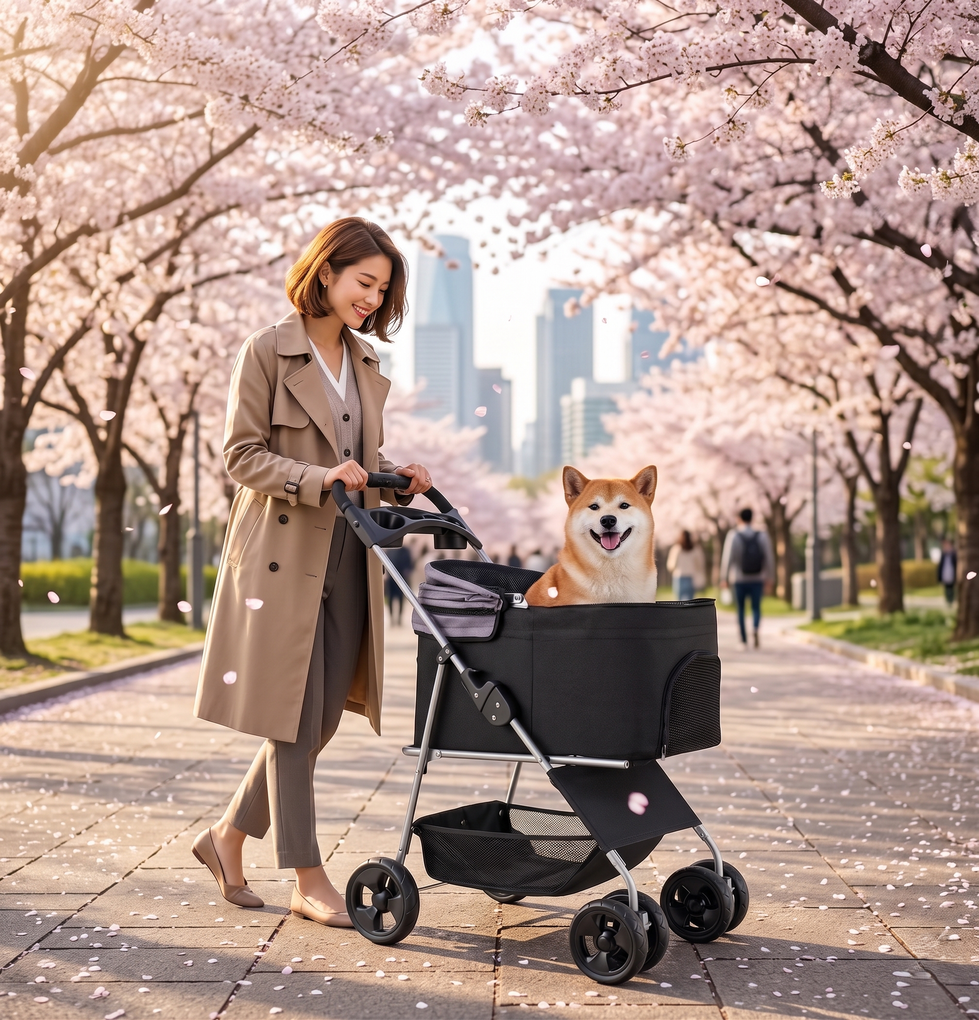 GianfiStore Dog Stroller – elegant woman pushing black 4-wheel pet stroller with happy Shiba Inu under cherry blossom trees, city skyline