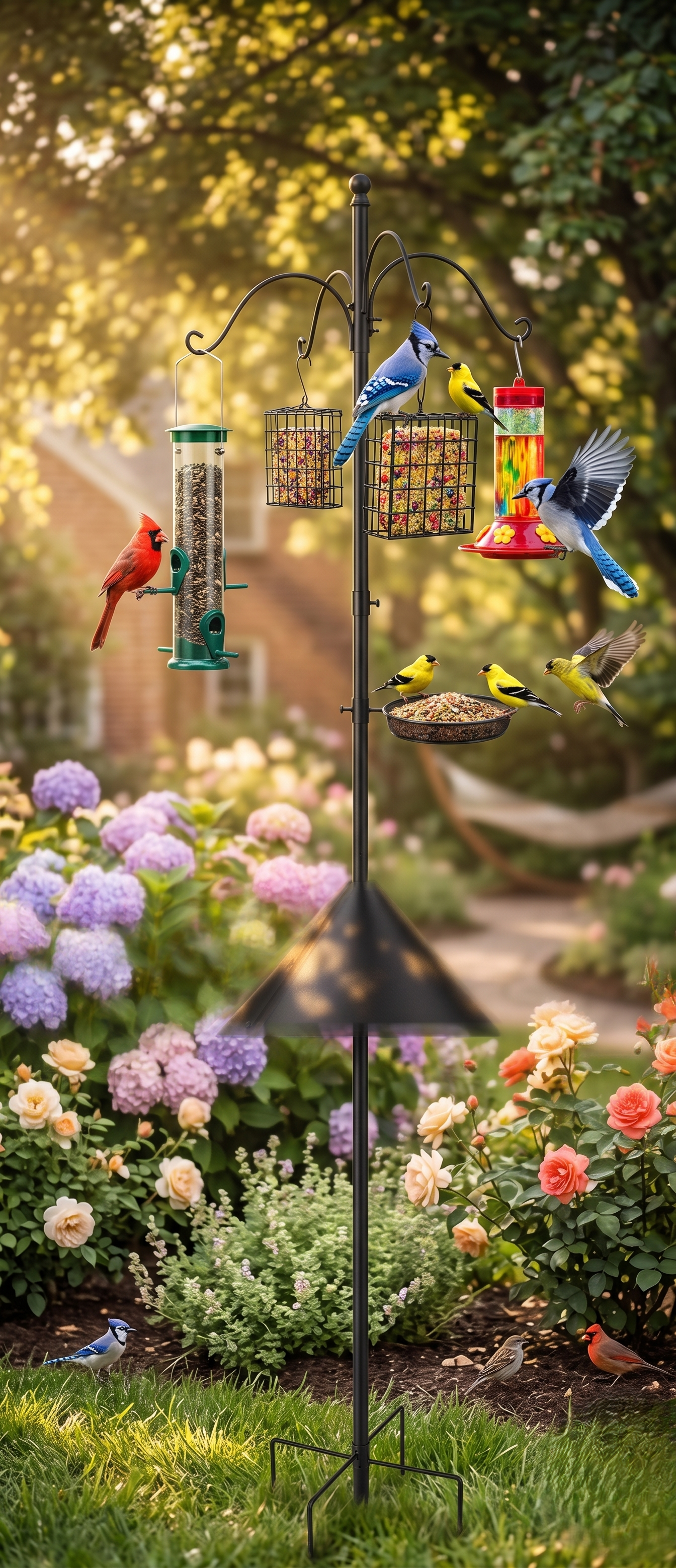 94-inch heavy-duty black bird feeder pole with 4 shepherd hooks in a lush garden, with colorful birds including cardinal, blue jay and goldfinch, golden hour light