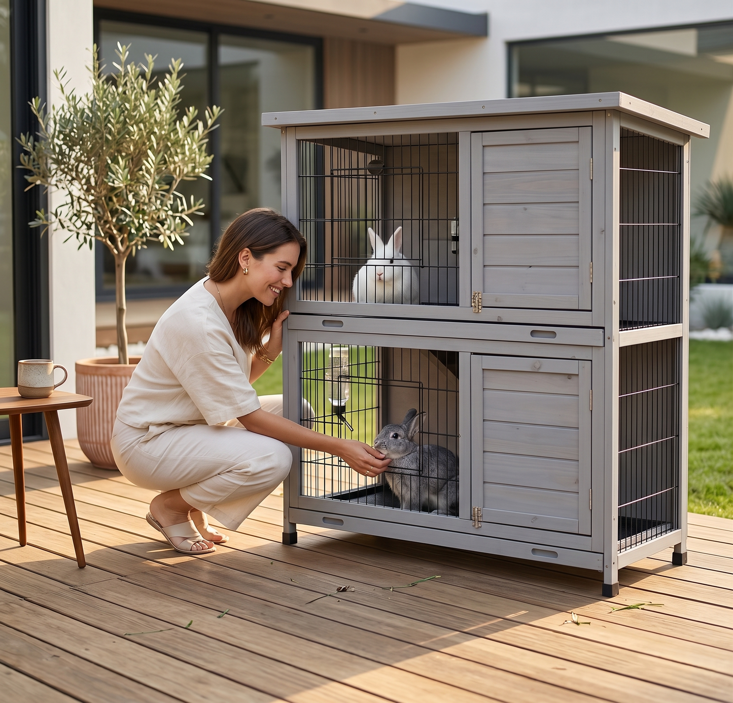 Stylish woman petting a gray rabbit in a modern farmhouse 2-story wooden hutch on a contemporary deck — premium outdoor rabbit cage
