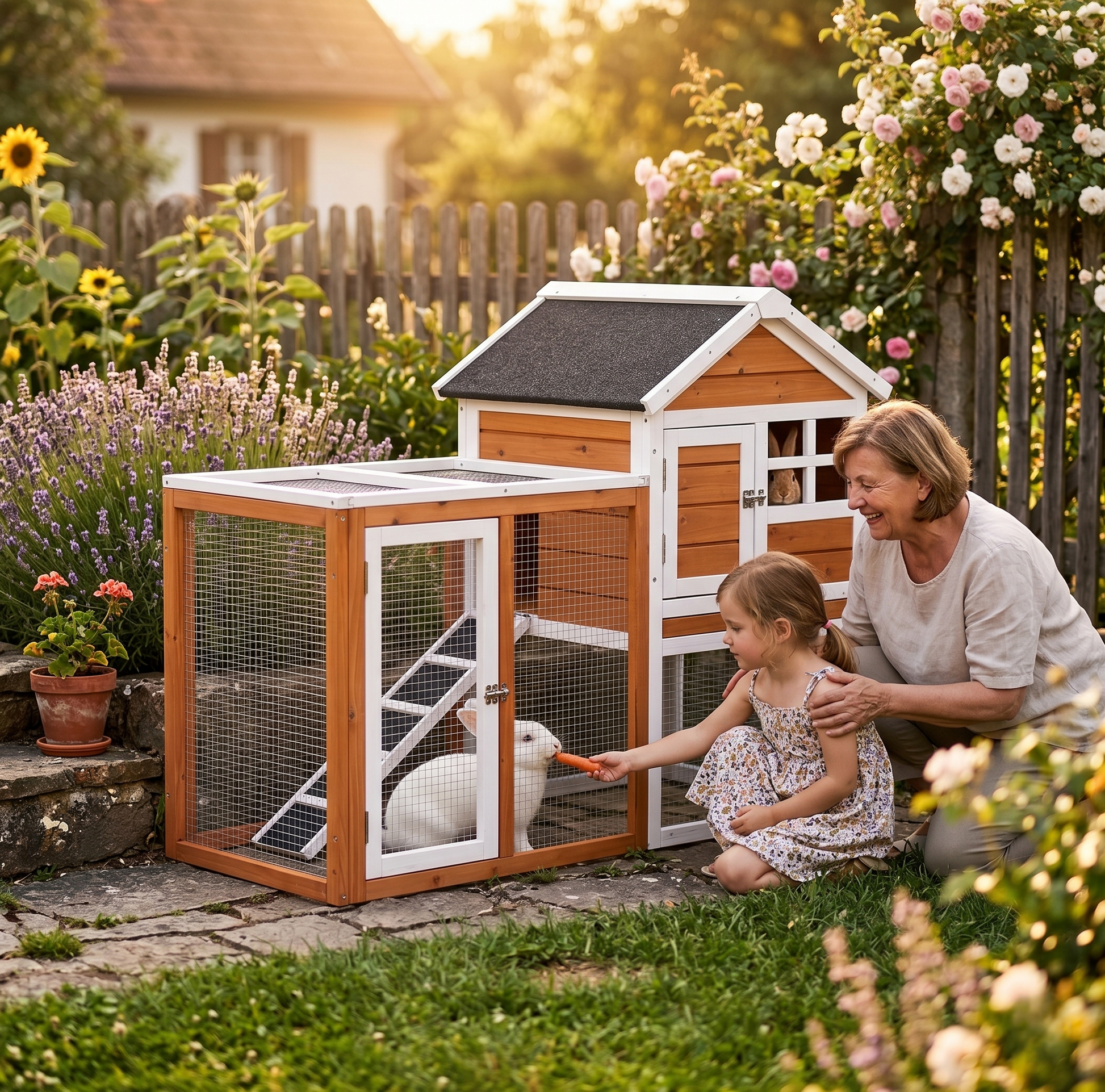 Grandmother and granddaughter feeding a white rabbit in a 2-tier wooden hutch — premium outdoor bunny cage in a cottage summer garden