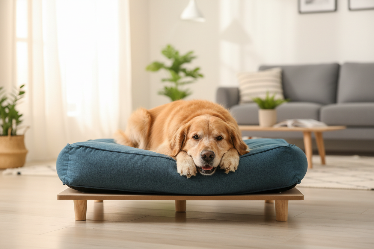GianfiStore Raised Dog Sofa Bed – large dog relaxing in a bright Scandinavian living room, dark blue cushion with pine wood legs