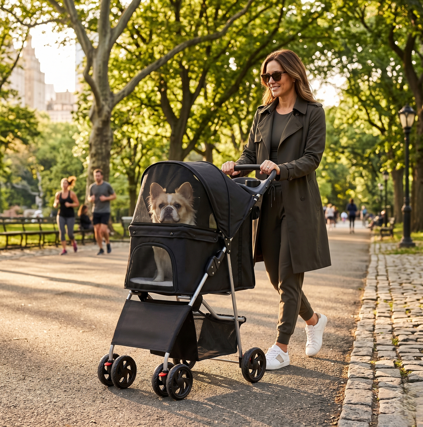GianfiStore Foldable Pet Stroller – elegant woman walking black stroller with French Bulldog in Central Park NYC, golden hour