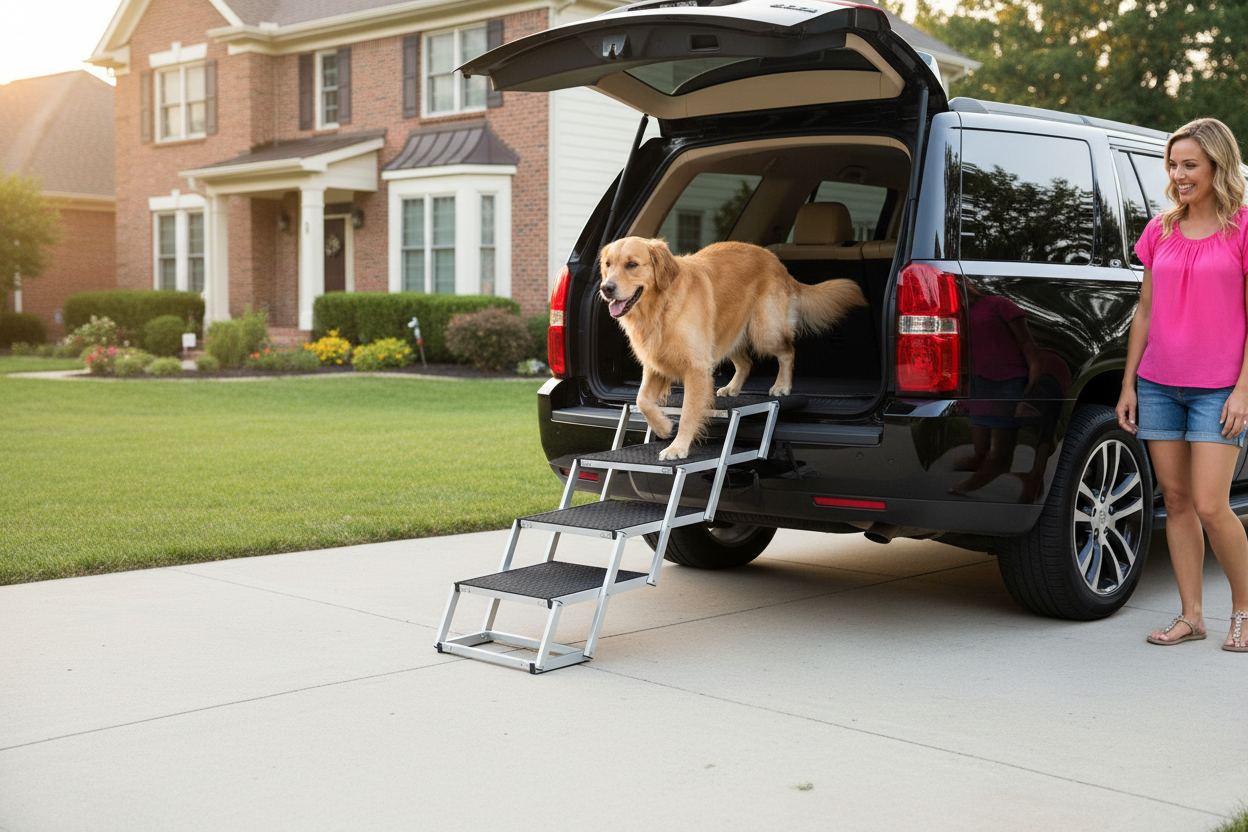 Golden retriever using folding aluminum dog stairs to enter black SUV on sunny driveway — GianfiStore pet steps for large dogs