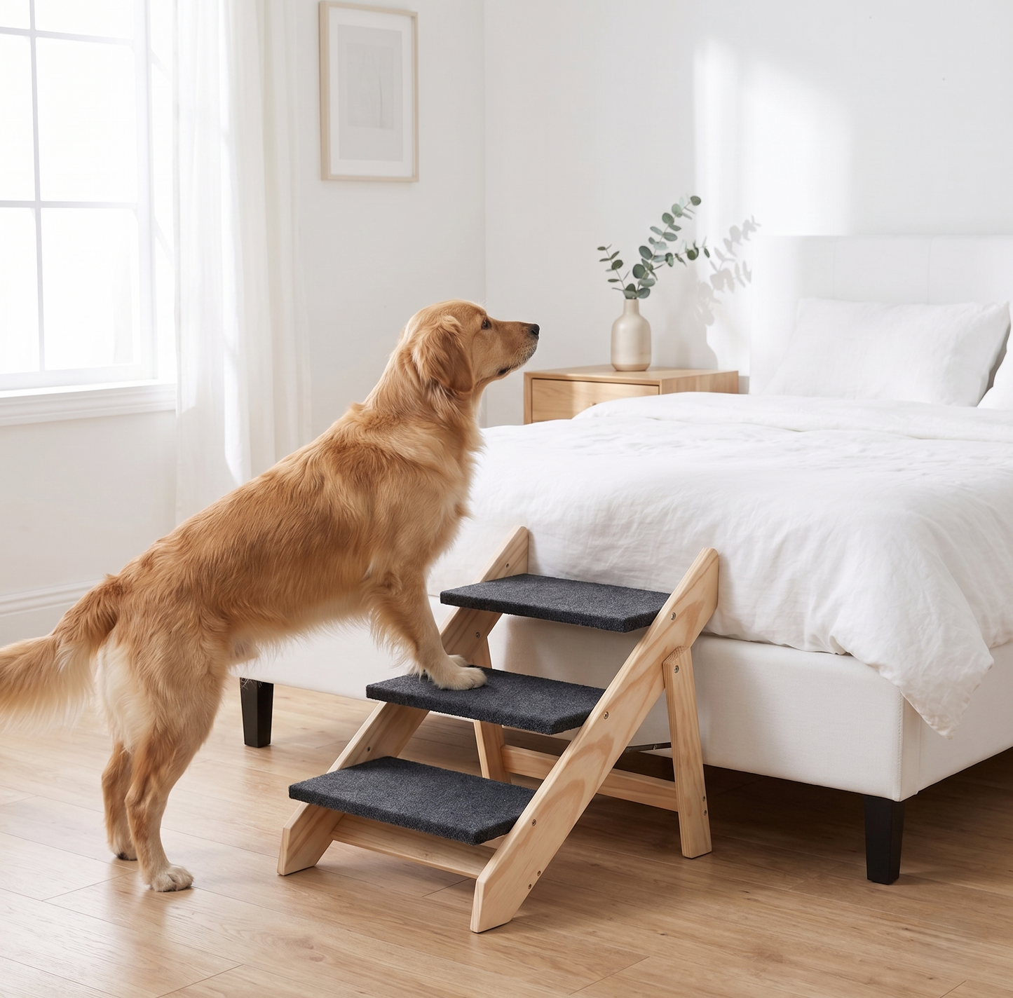 GianfiStore™ Folding Wooden Dog Stairs — 3-Step Pet Ramp for Beds & Cars | Supports 110 lbs