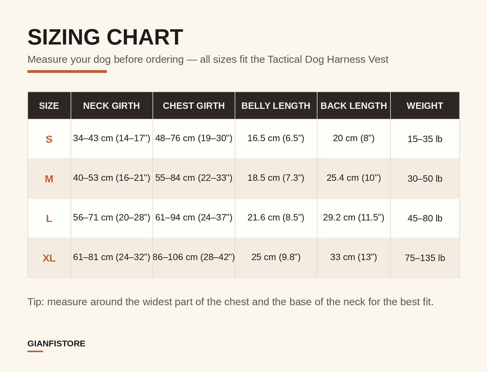 GianfiStore dog harness sizing chart showing neck girth, chest girth, and weight ranges for sizes S to XL