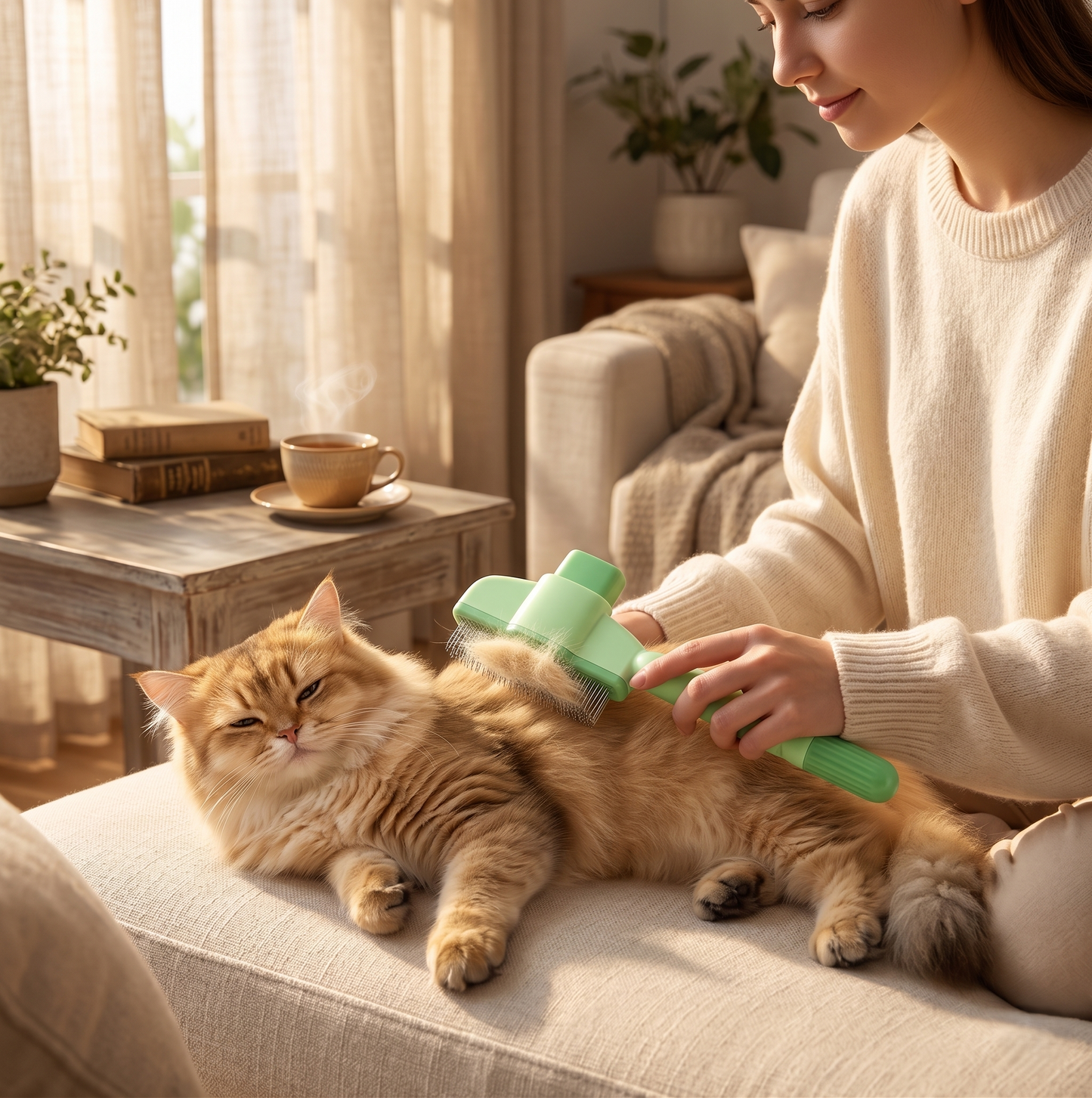 Woman in cream sweater gently grooming a long-haired orange cat with a green self-cleaning slicker brush — premium 2-in-1 pet grooming comb for cats and dogs