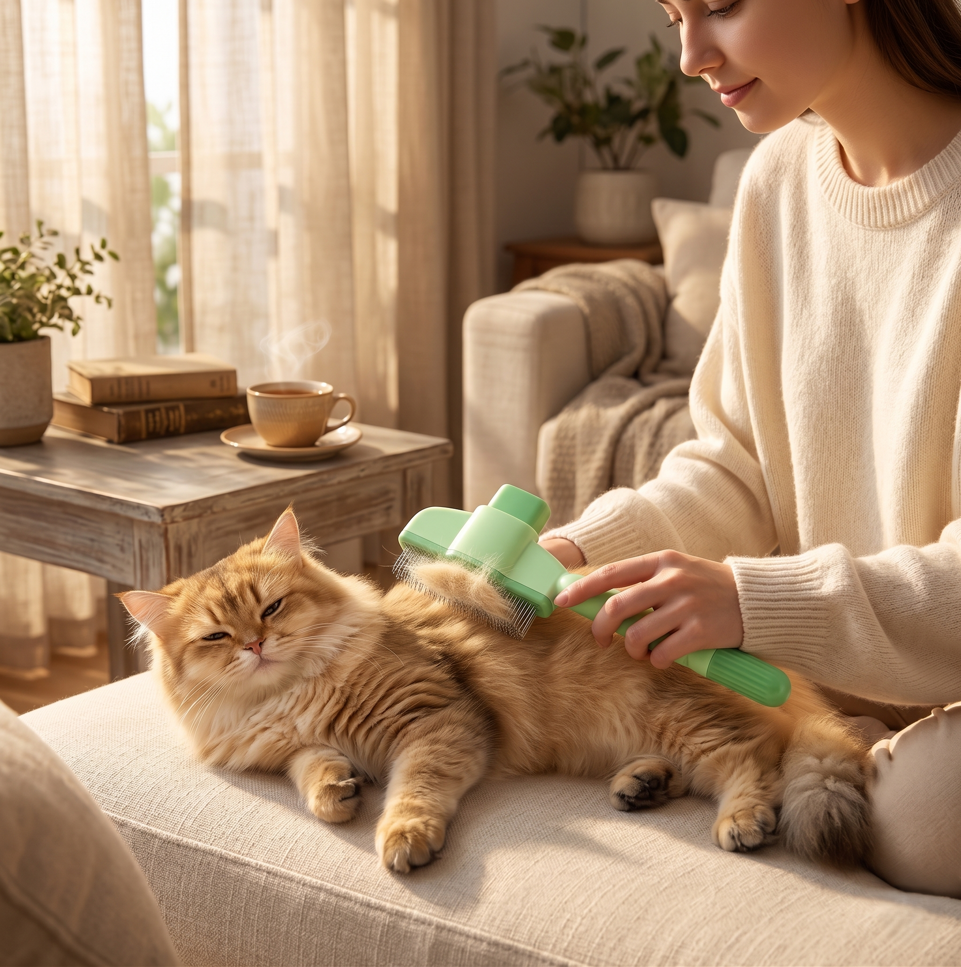 Woman in cream sweater gently grooming a long-haired orange cat with a green self-cleaning slicker brush — premium 2-in-1 pet grooming comb for cats and dogs