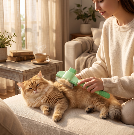 Woman in cream sweater gently grooming a long-haired orange cat with a green self-cleaning slicker brush — premium 2-in-1 pet grooming comb for cats and dogs