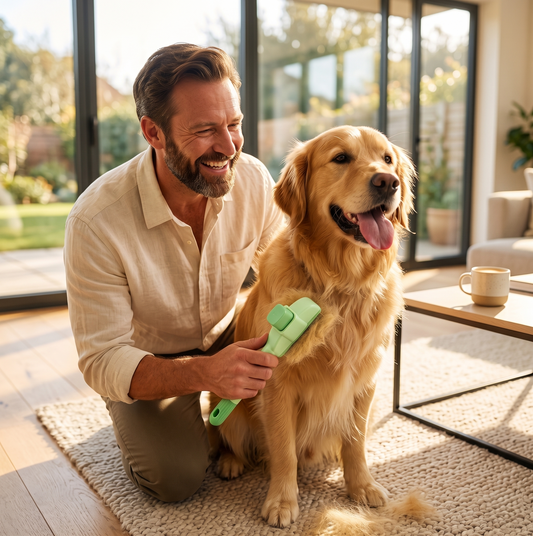 Man in linen shirt brushing a happy golden retriever with a green self-cleaning grooming brush — 2-in-1 pet grooming comb for dogs