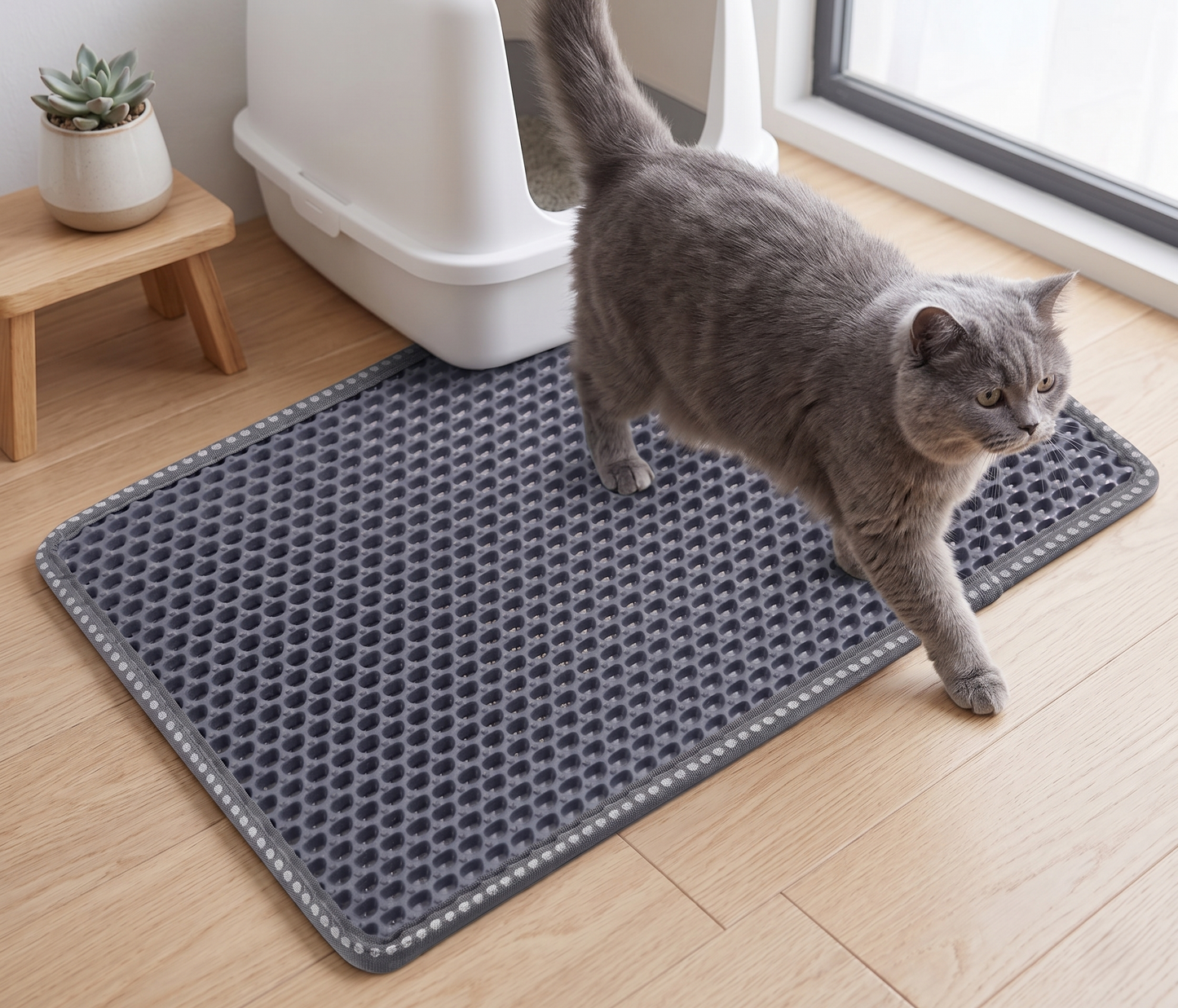 Gray cat stepping off a slate gray honeycomb double-layer cat litter mat placed in front of a white litter box on light wood floor