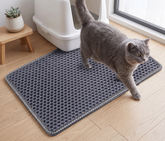 Gray cat stepping off a slate gray honeycomb double-layer cat litter mat placed in front of a white litter box on light wood floor