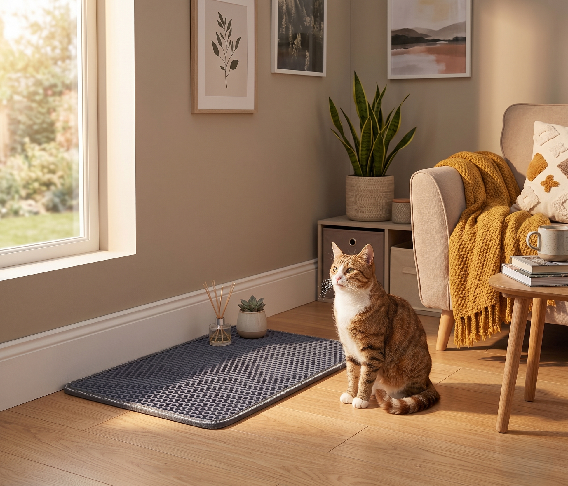 Tabby cat sitting beside a slate gray honeycomb double-layer cat litter mat in a cozy modern living room with warm natural light